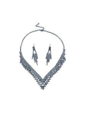 Elegant Silver Crystal V-Shape Necklace and Drop Earrings Set I FINAL PRICE DROP